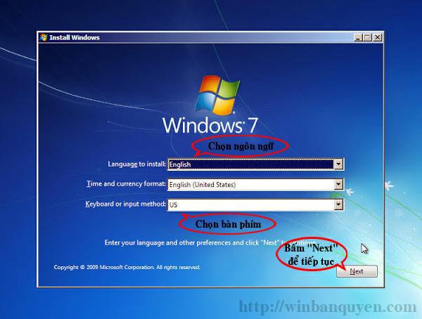 Chọn ngôn ngữ và thiết lập bàn phím cho Windows 7